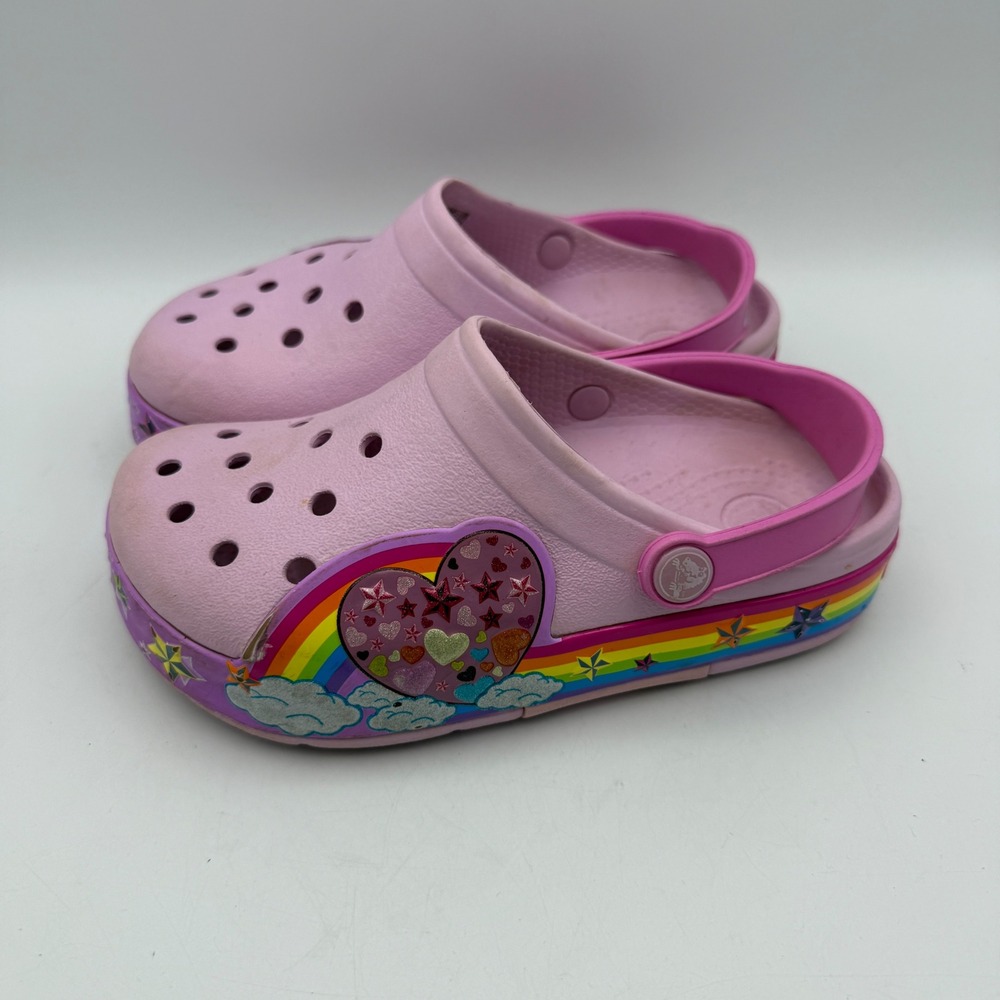 Crocs Clogs Kids Size 13 Pink Rainbow Heart Glitter Star Slip On Shoes